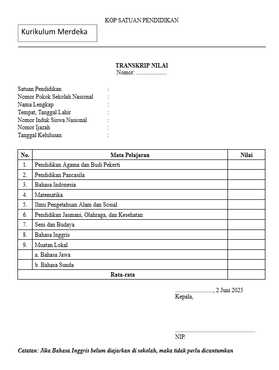 Contoh Format Transkrip Nilai 2